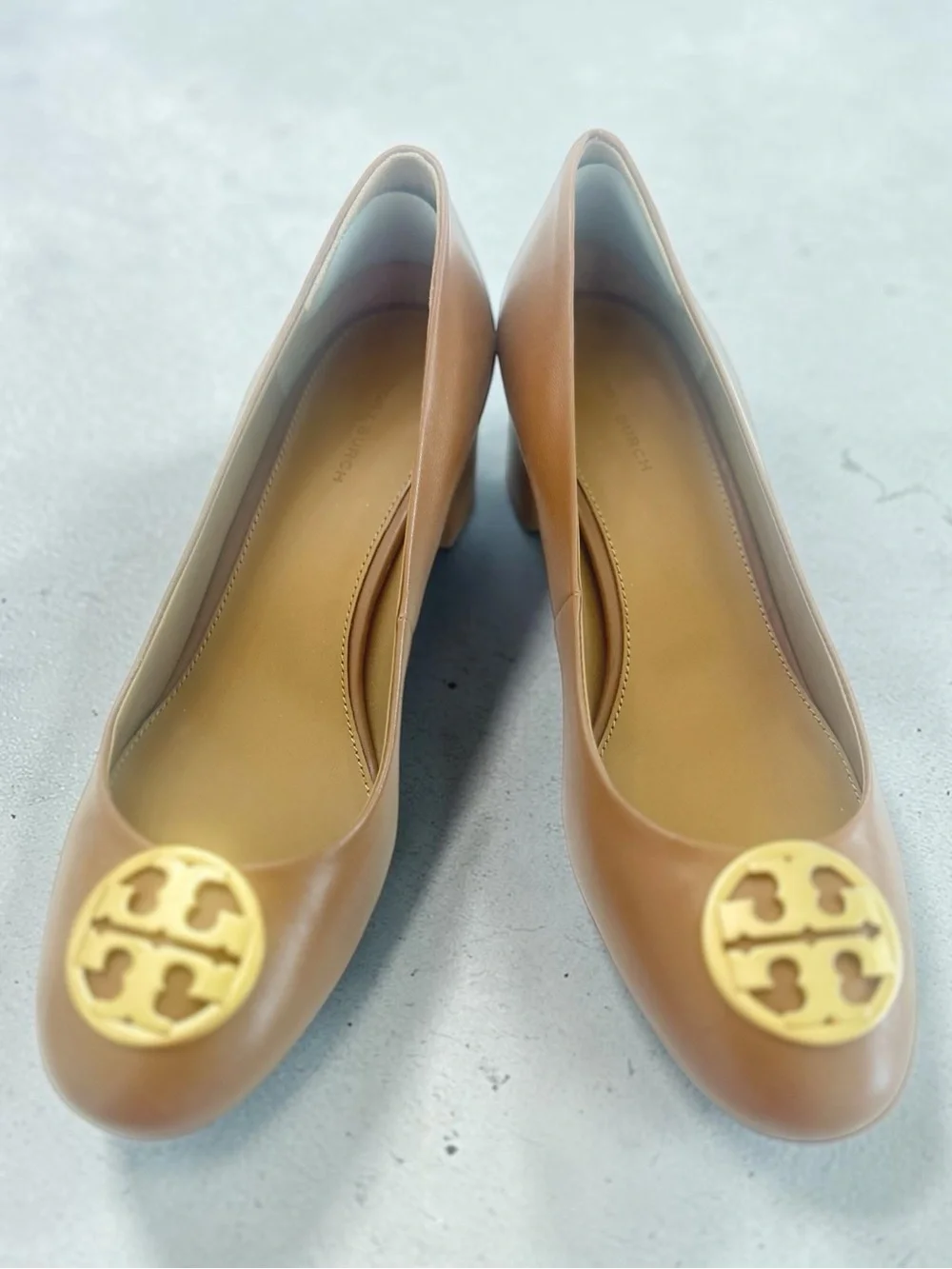 Tory Burch Royal Tan Leather Block Heel Pumps with Gold Logo